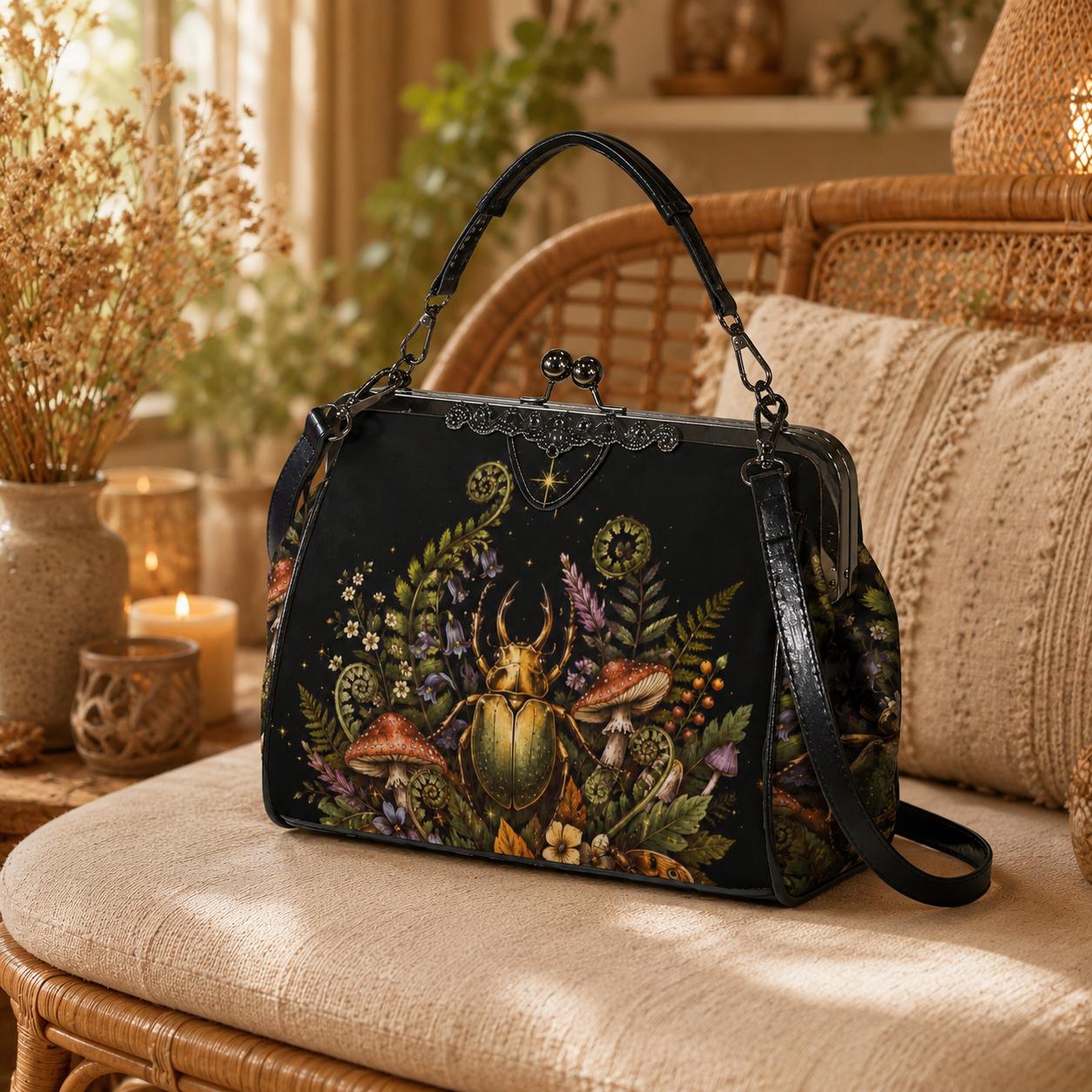 Goblincore Beetle Mushroom Kiss Lock Handbag, Dark Cottagecore Shoulder Bag