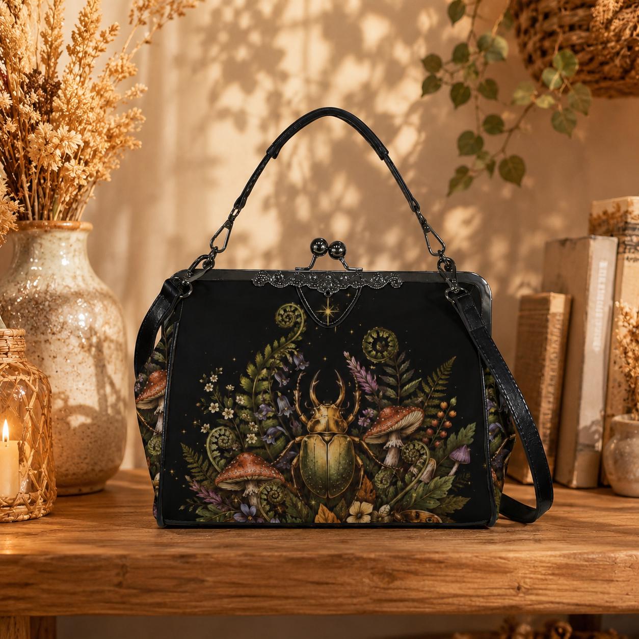 Goblincore Beetle Mushroom Kiss Lock Handbag, Dark Cottagecore Shoulder Bag