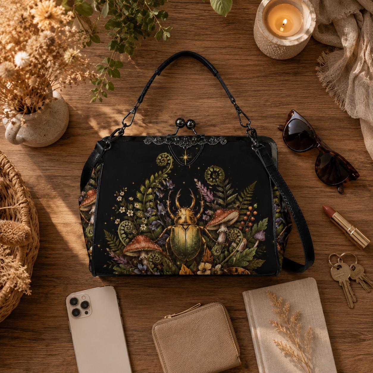 Goblincore Beetle Mushroom Kiss Lock Handbag, Dark Cottagecore Shoulder Bag