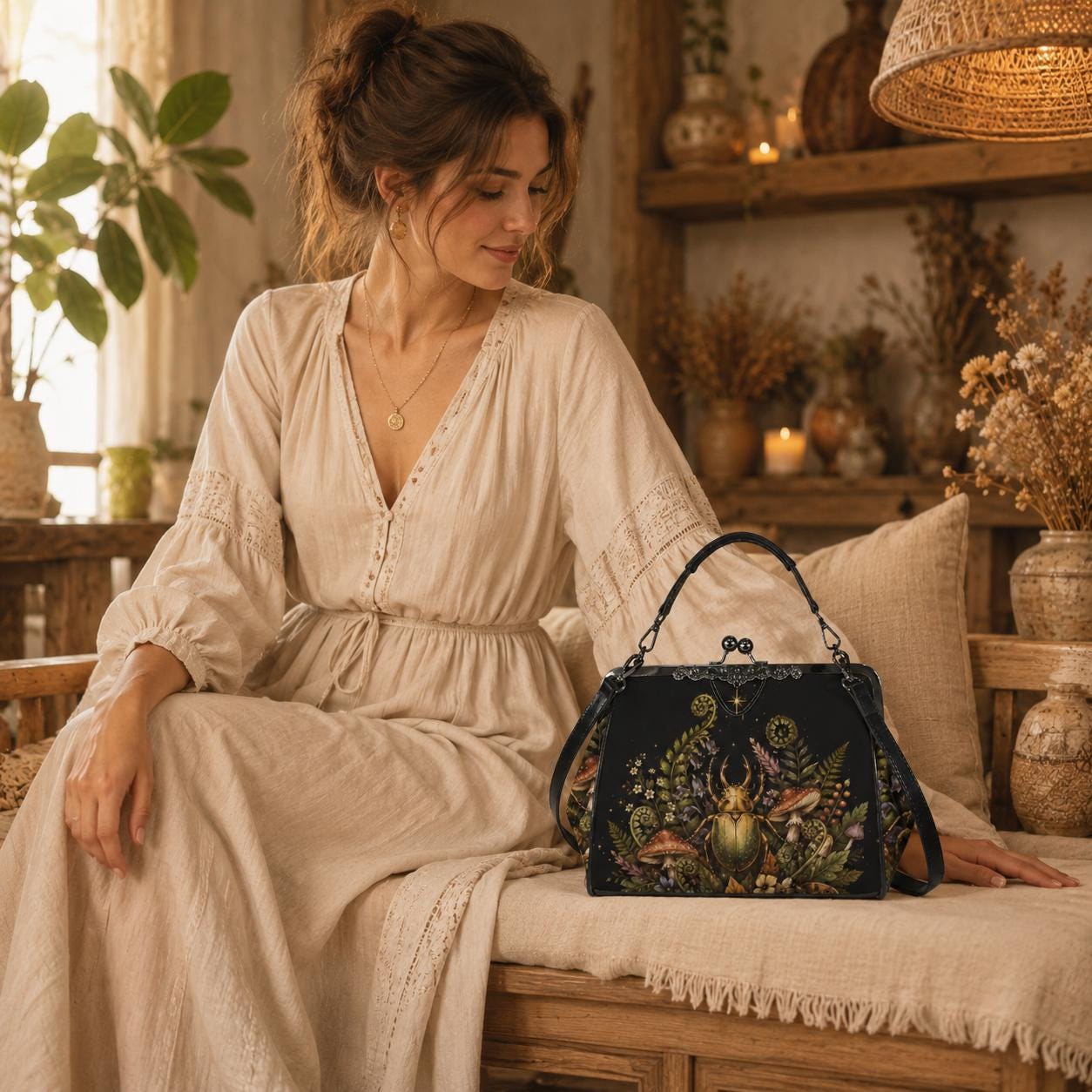 Goblincore Beetle Mushroom Kiss Lock Handbag, Dark Cottagecore Shoulder Bag