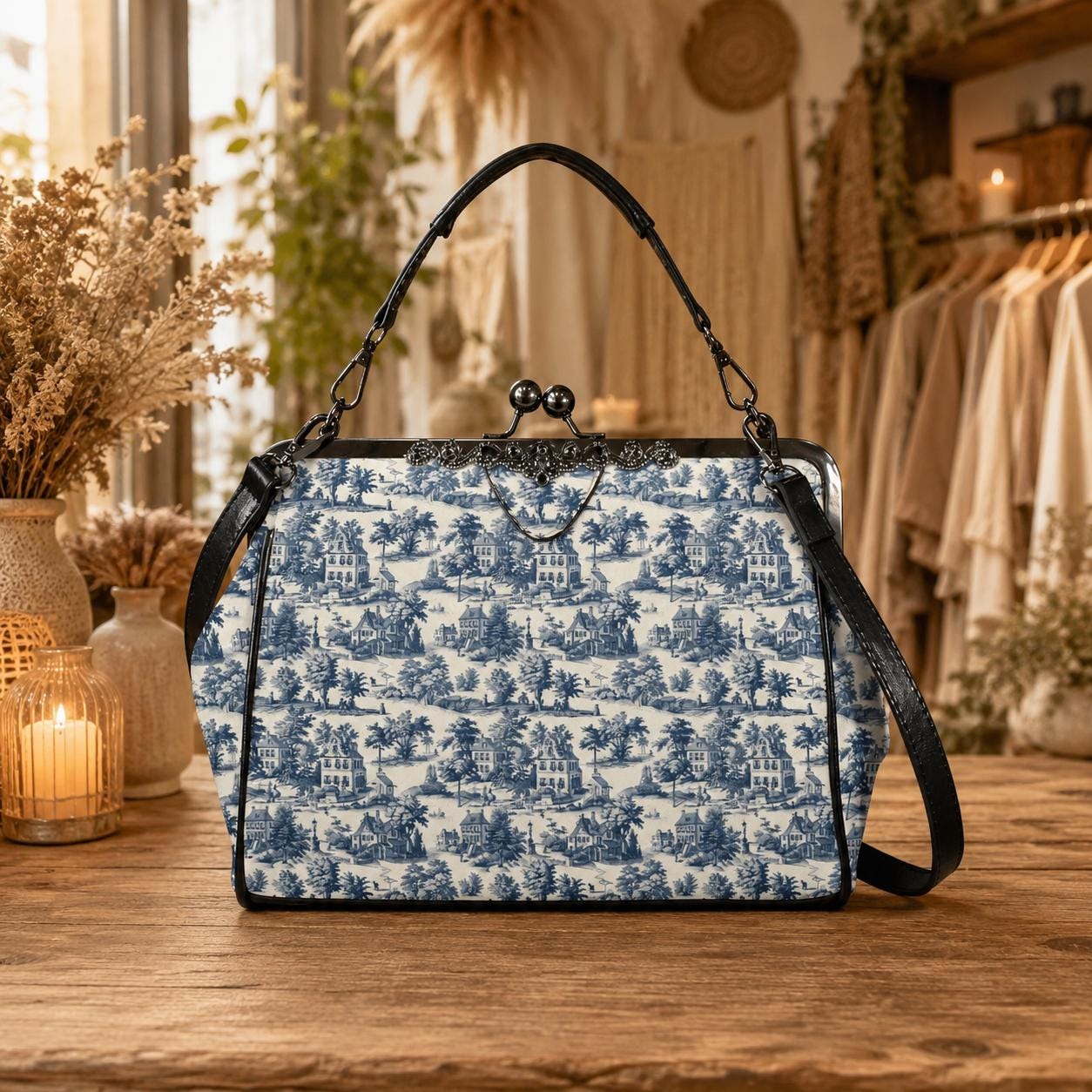 Blue Toile Handbag, Chinoiserie Kiss Lock Purse, French Country Shoulder Bag