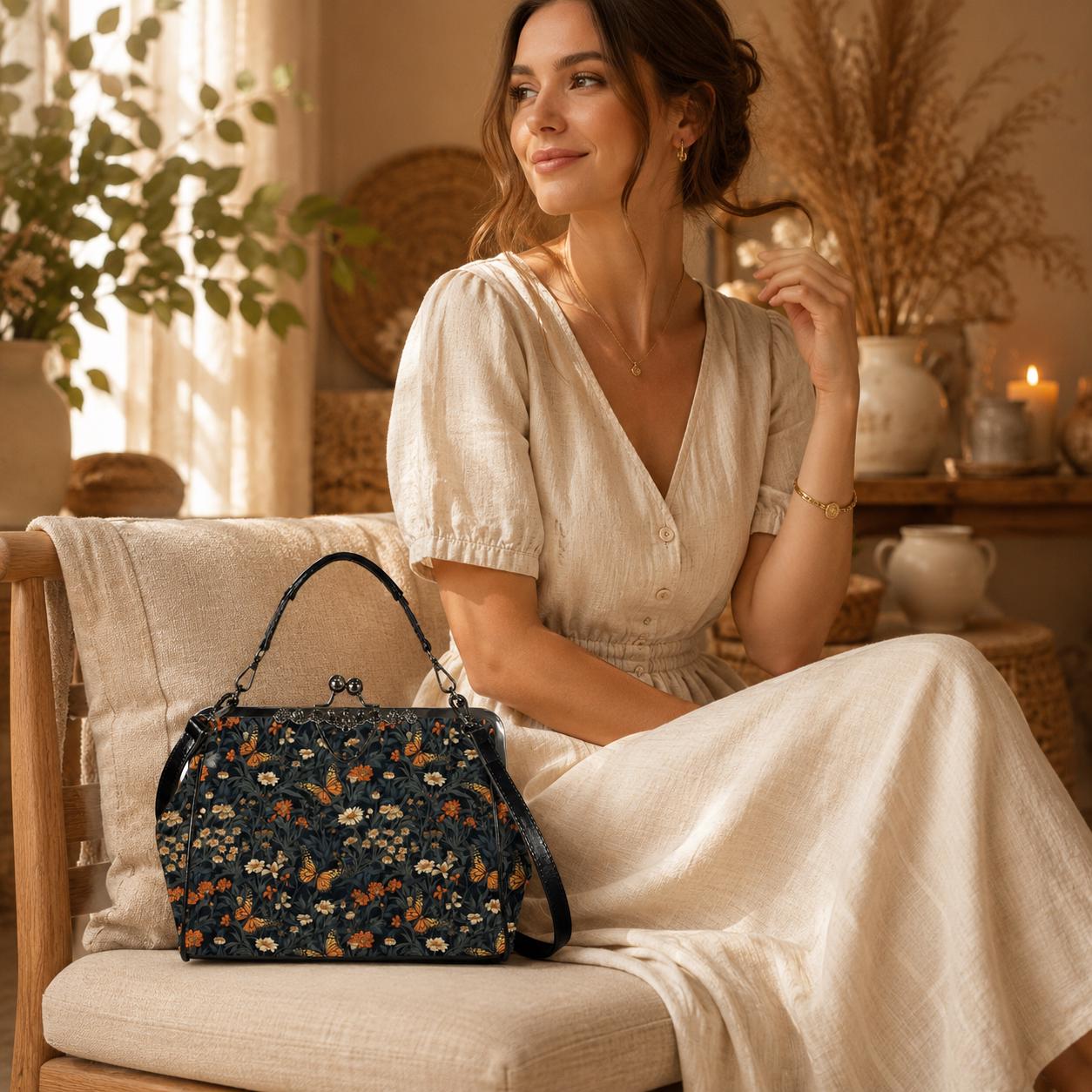 Dark Floral Butterfly Kiss Lock Handbag, Cottagecore Whimsigoth Crossbody Bag