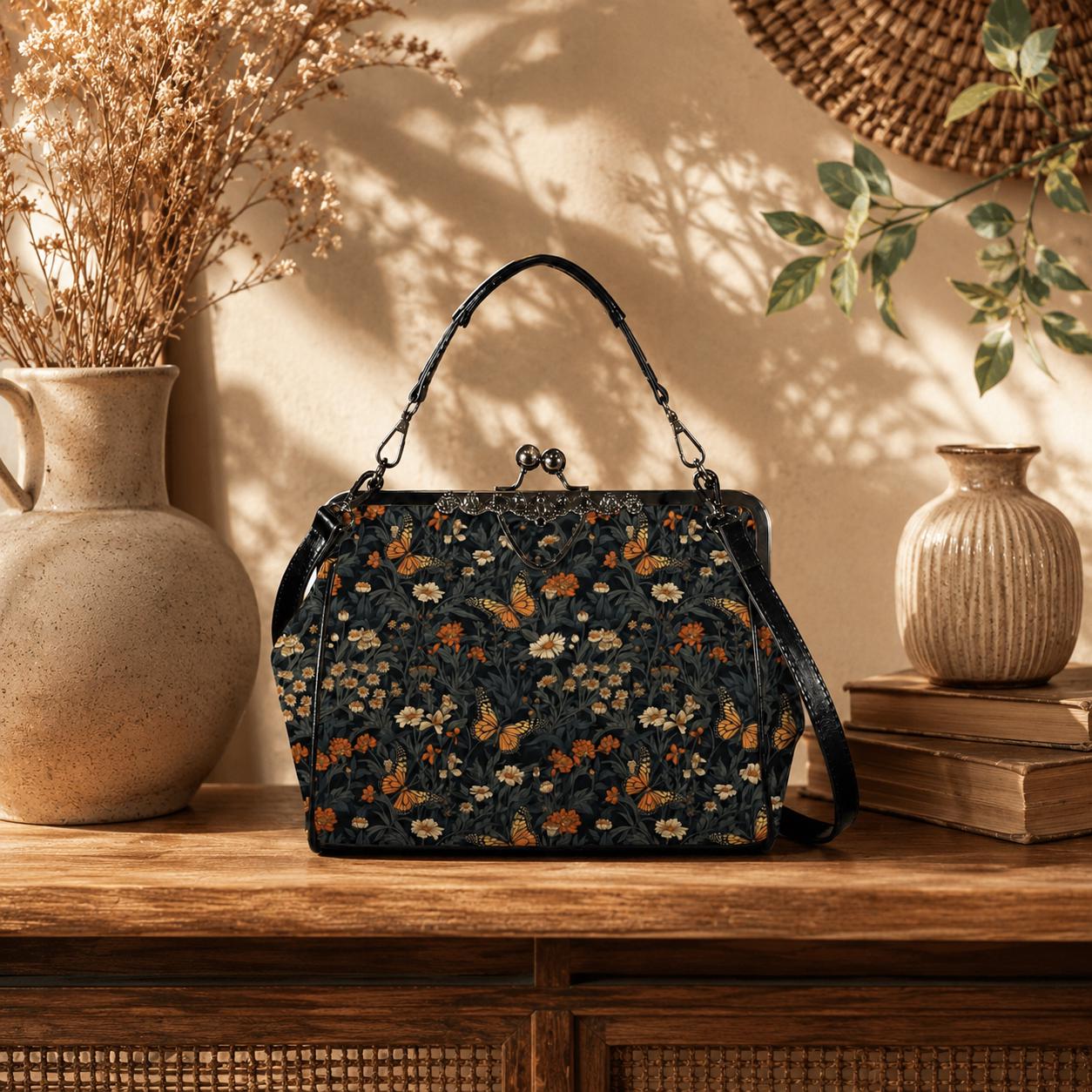 Dark Floral Butterfly Kiss Lock Handbag, Cottagecore Whimsigoth Crossbody Bag