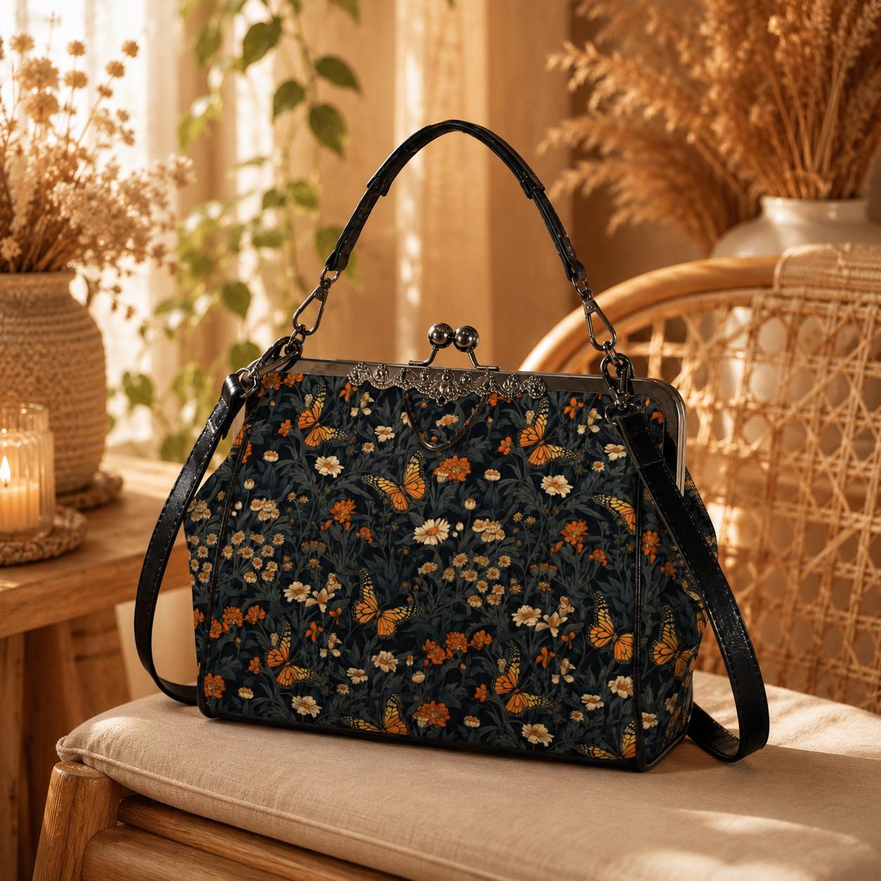 Dark Floral Butterfly Kiss Lock Handbag, Cottagecore Whimsigoth Crossbody Bag