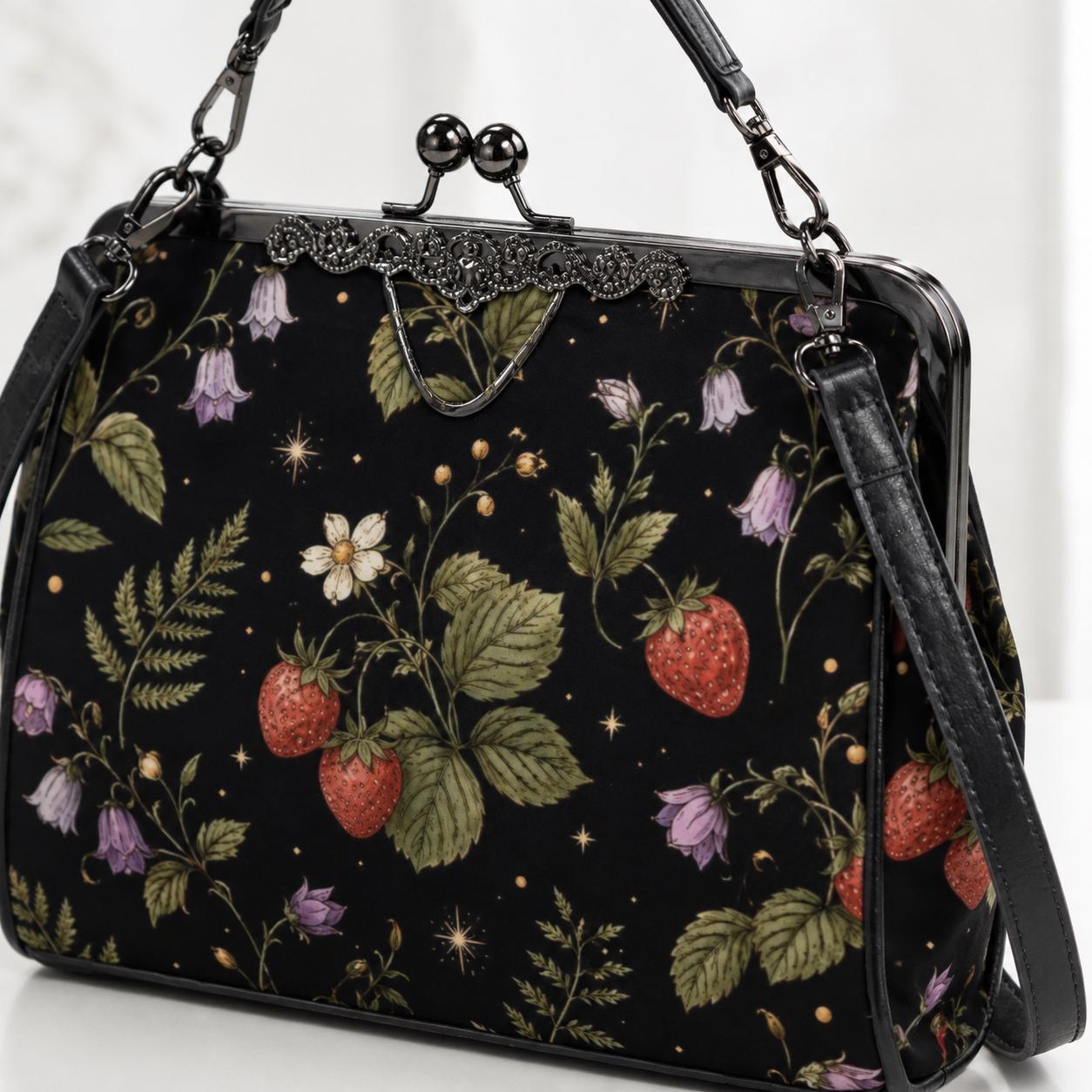 Black Wild Strawberry Kiss Lock Handbag, Vintage Cottagecore Crossbody Purse
