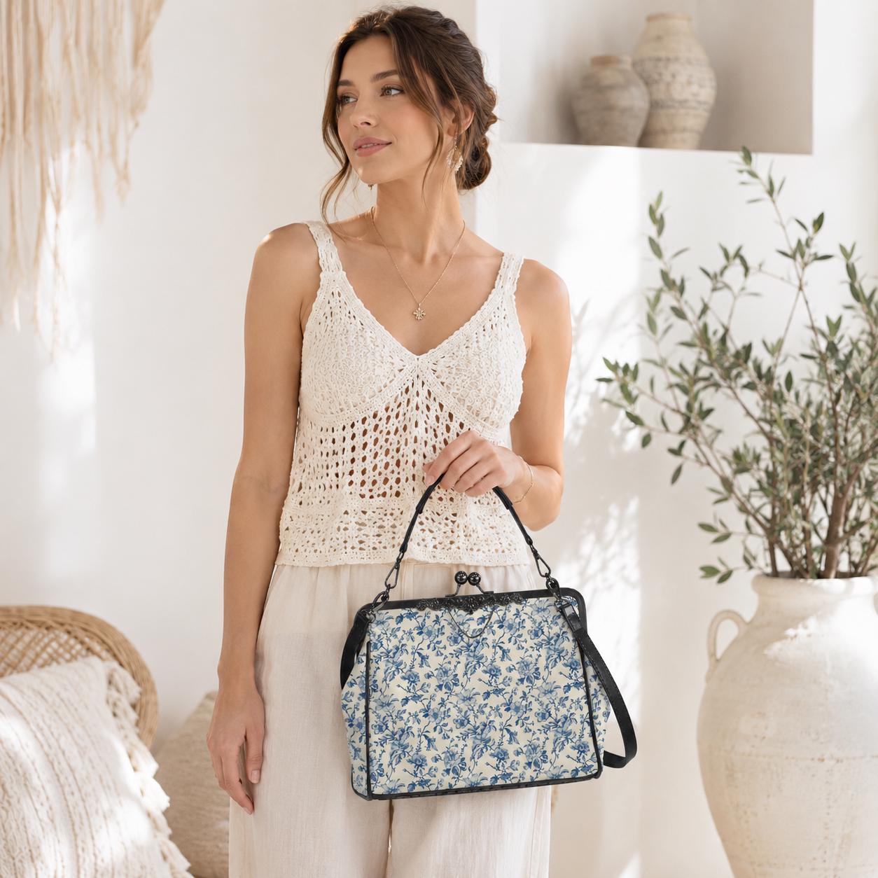 Blue Toile Handbag, Chinoiserie Floral Kiss Lock Purse, Detachable Strap Bag