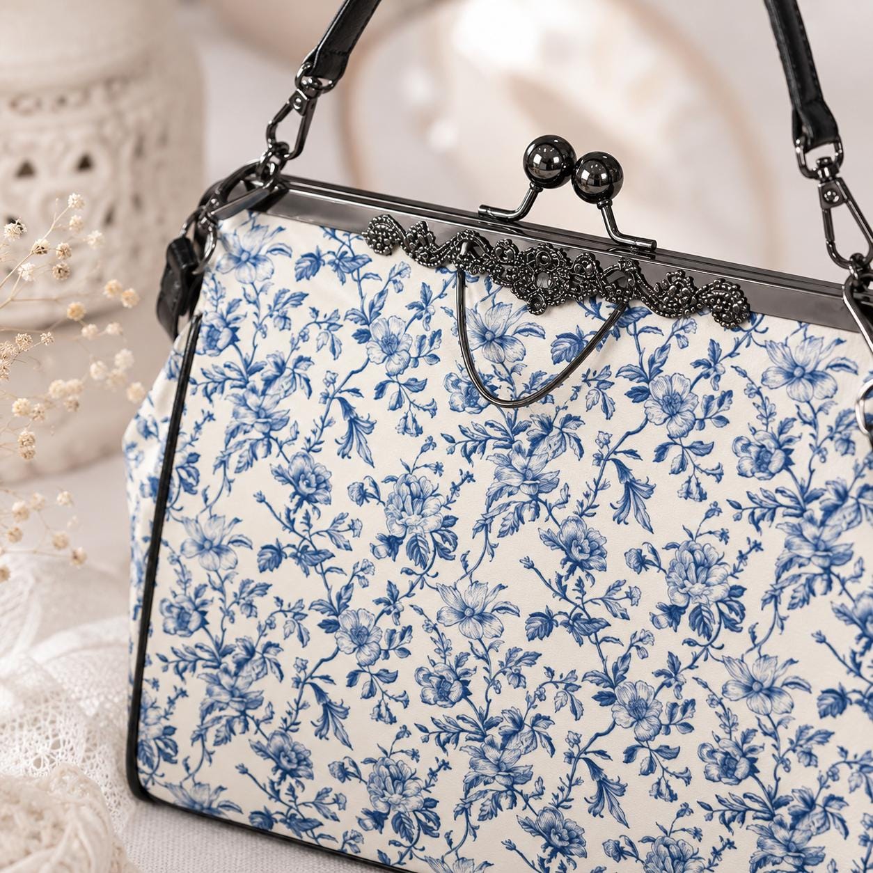 Blue Toile Handbag, Chinoiserie Floral Kiss Lock Purse, Detachable Strap Bag