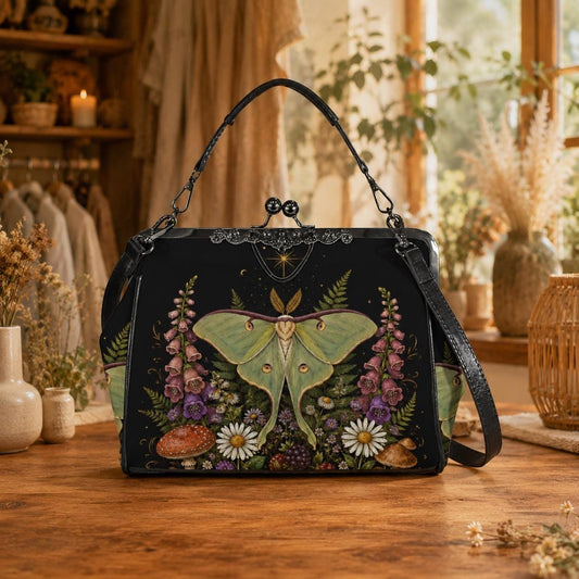 Luna Moth Wildflower Kiss Lock Handbag, Woodland Botanical Print Shoulder Bag