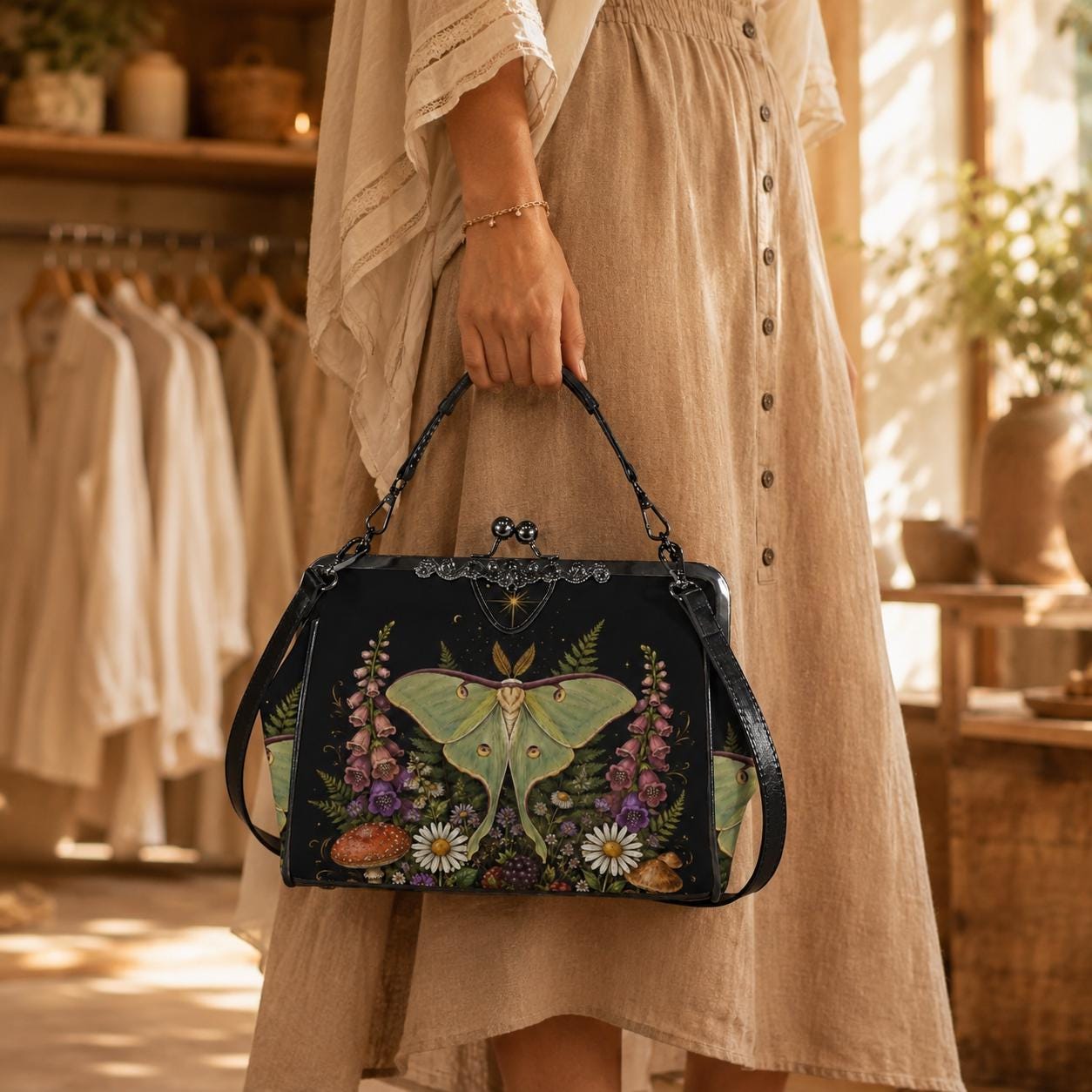 Luna Moth Wildflower Kiss Lock Handbag, Woodland Botanical Print Shoulder Bag
