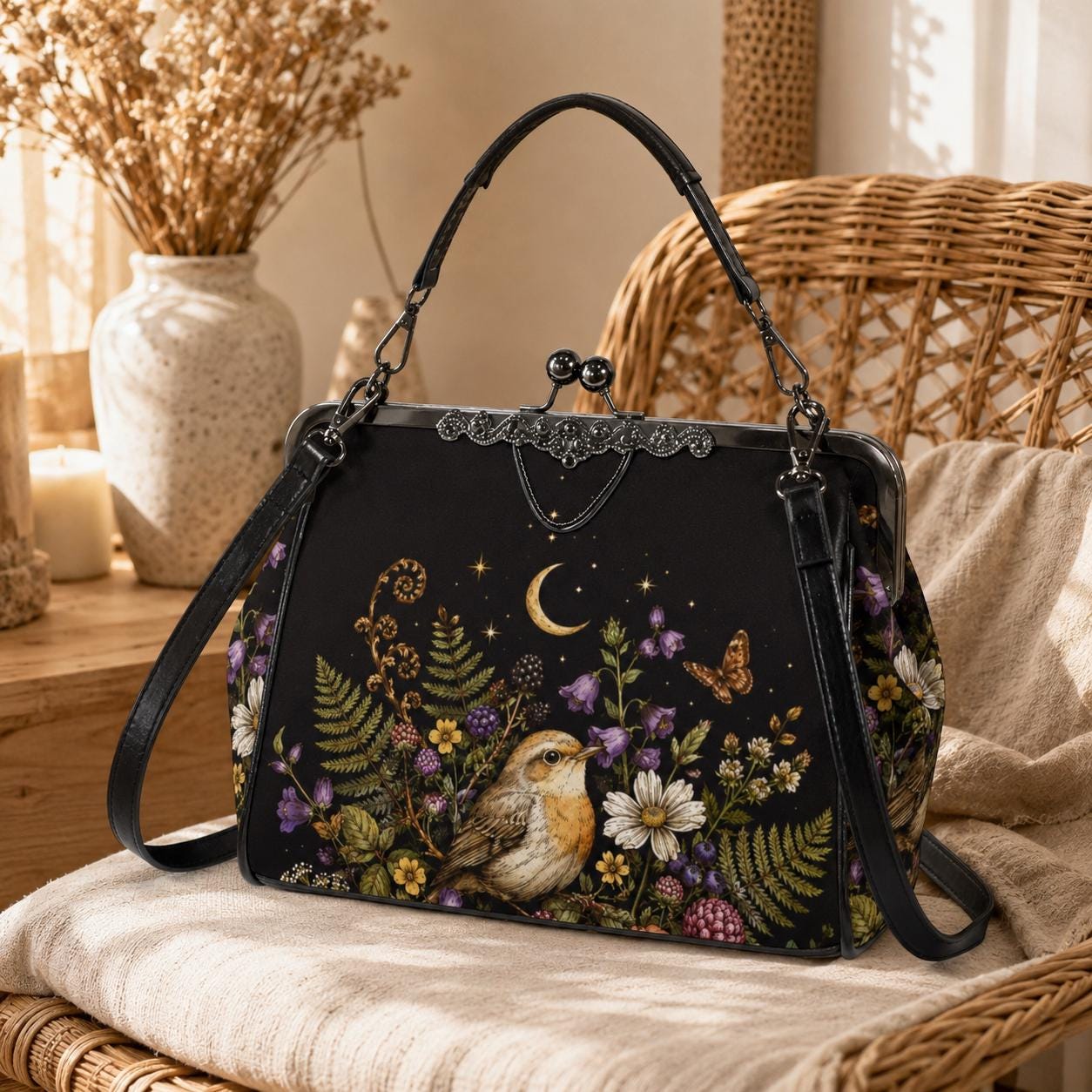 Whimsigoth Bird Moon Kiss Lock Handbag, Black Floral Garden Shoulder Bag
