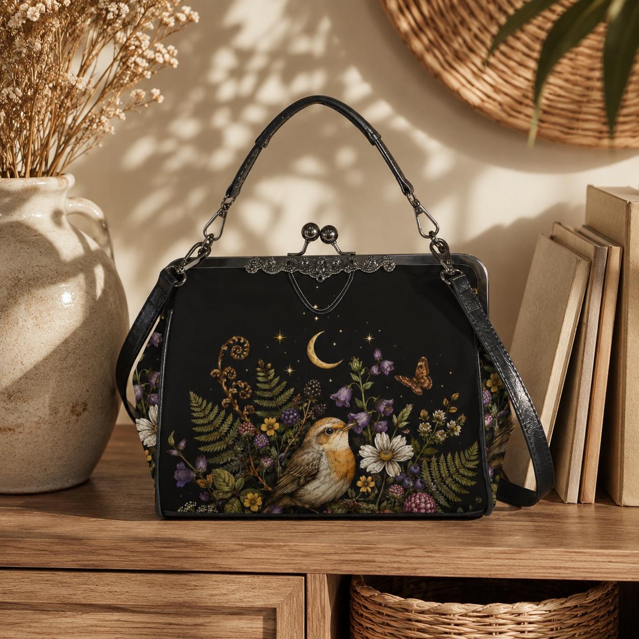 Whimsigoth Bird Moon Kiss Lock Handbag, Black Floral Garden Shoulder Bag
