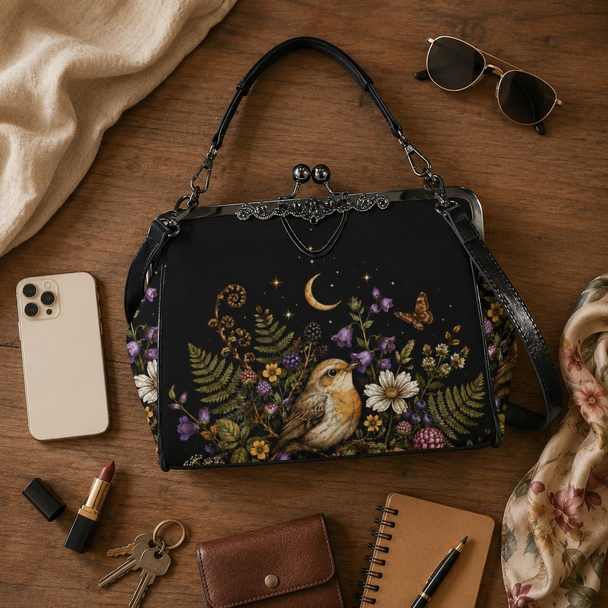 Whimsigoth Bird Moon Kiss Lock Handbag, Black Floral Garden Shoulder Bag