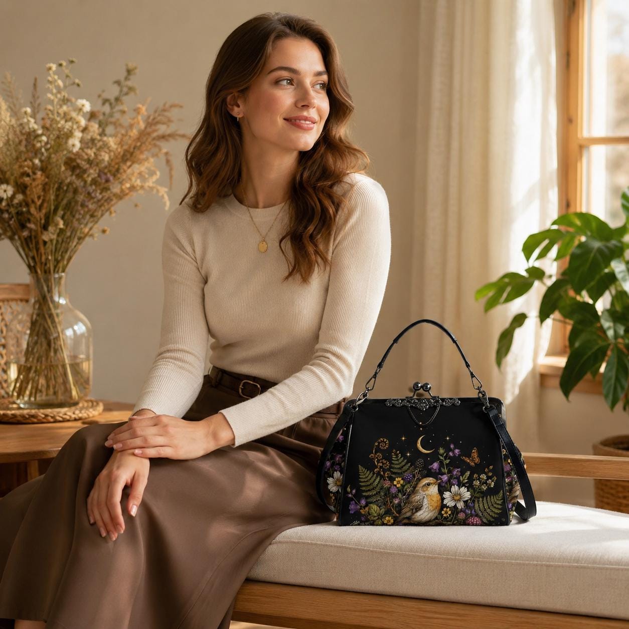 Whimsigoth Bird Moon Kiss Lock Handbag, Black Floral Garden Shoulder Bag