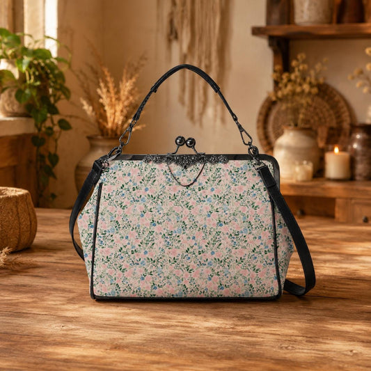Cottagecore Watercolor Floral Kiss Lock Handbag, Vintage Clasp Shoulder Bag