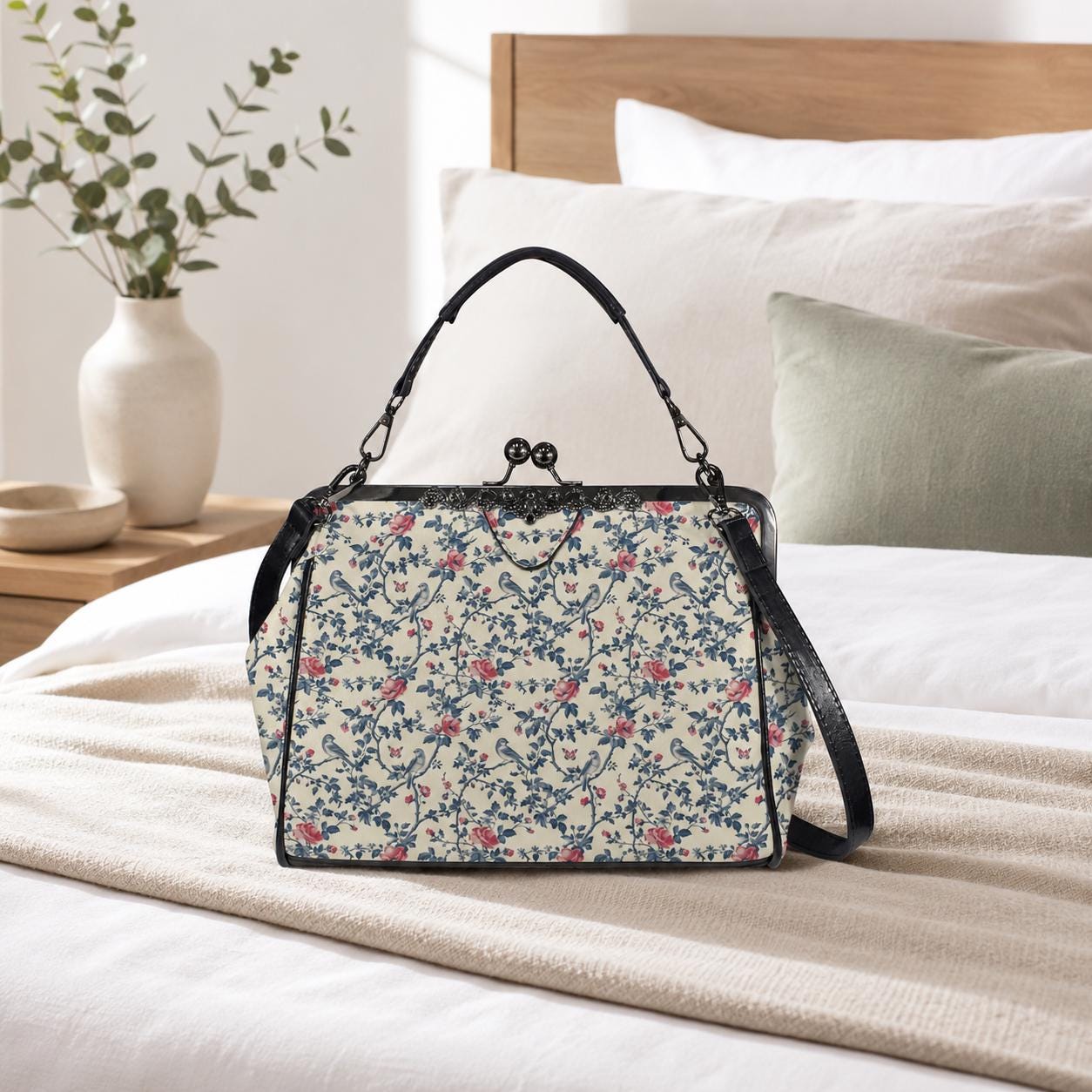 Floral Bird Print Kisslock Bag, Vintage Ditsy Shoulder Purse, Top Handle Bag