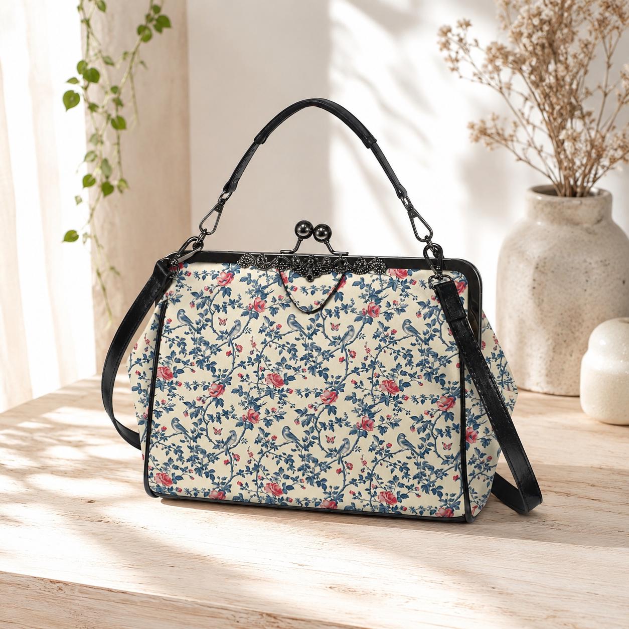 Floral Bird Print Kisslock Bag, Vintage Ditsy Shoulder Purse, Top Handle Bag