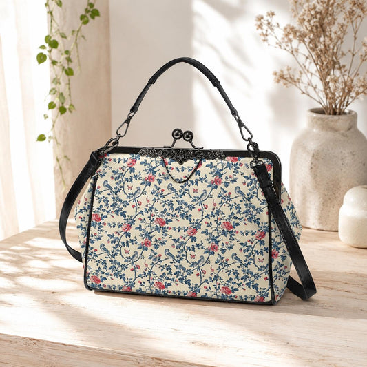 Floral Bird Print Kisslock Bag, Vintage Ditsy Shoulder Purse, Top Handle Bag