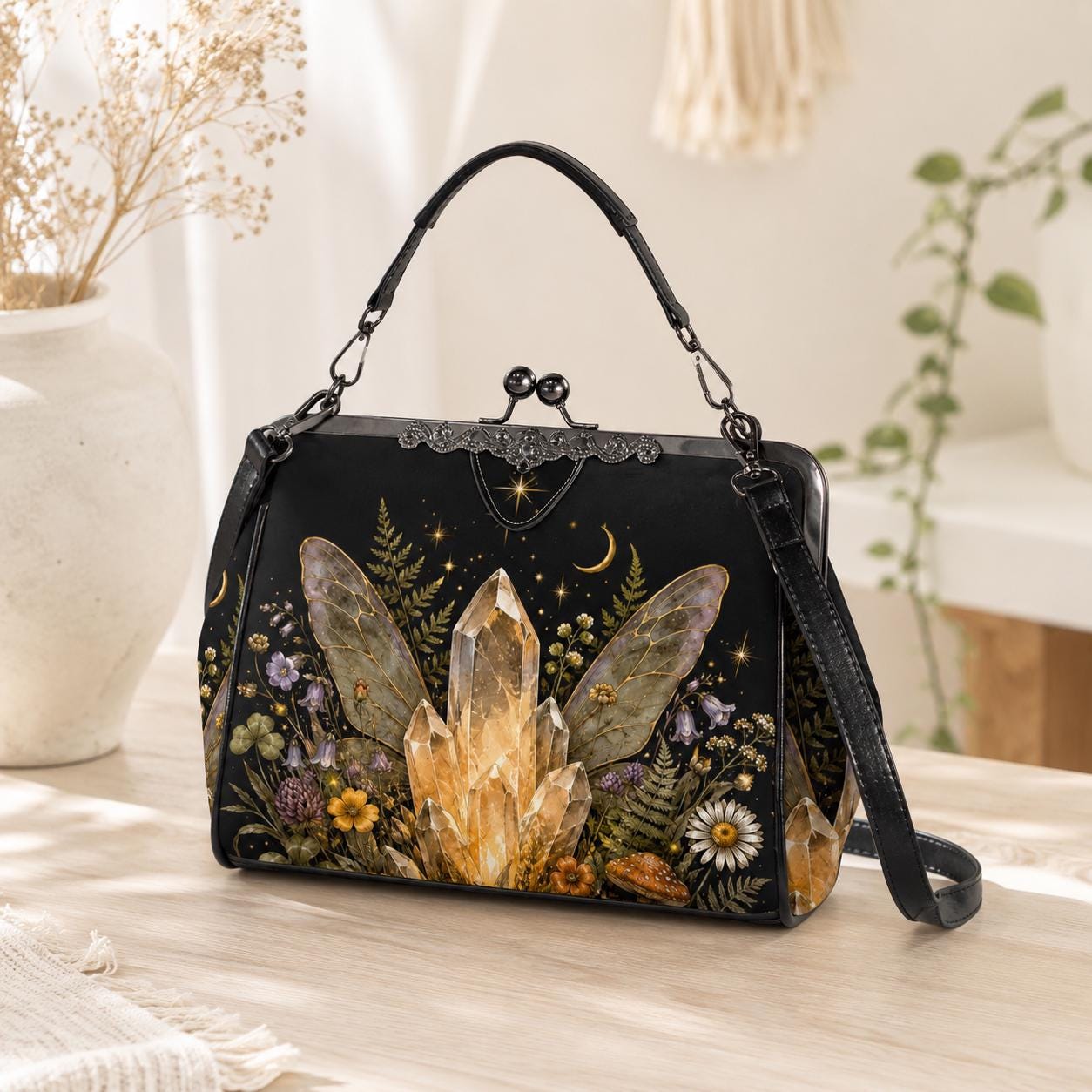 Fairycore Crystal Purse, Gold Quartz Fairy Wing Print Kiss Lock Cottage Witch Crossbody Bag