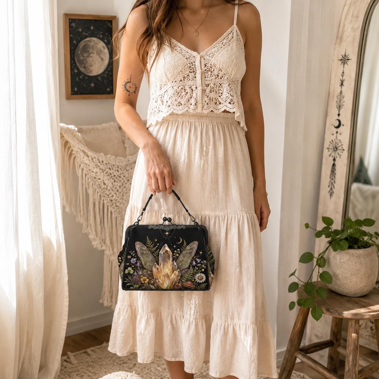 Fairycore Crystal Purse, Gold Quartz Fairy Wing Print Kiss Lock Cottage Witch Crossbody Bag