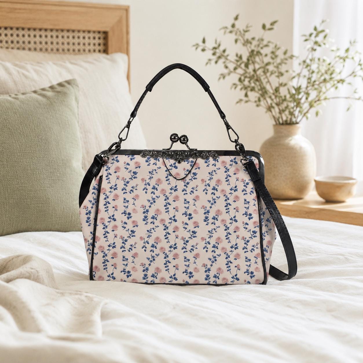 Coquette Floral Crossbody Bag, Pink Blue Ditsy Kiss Lock Purse