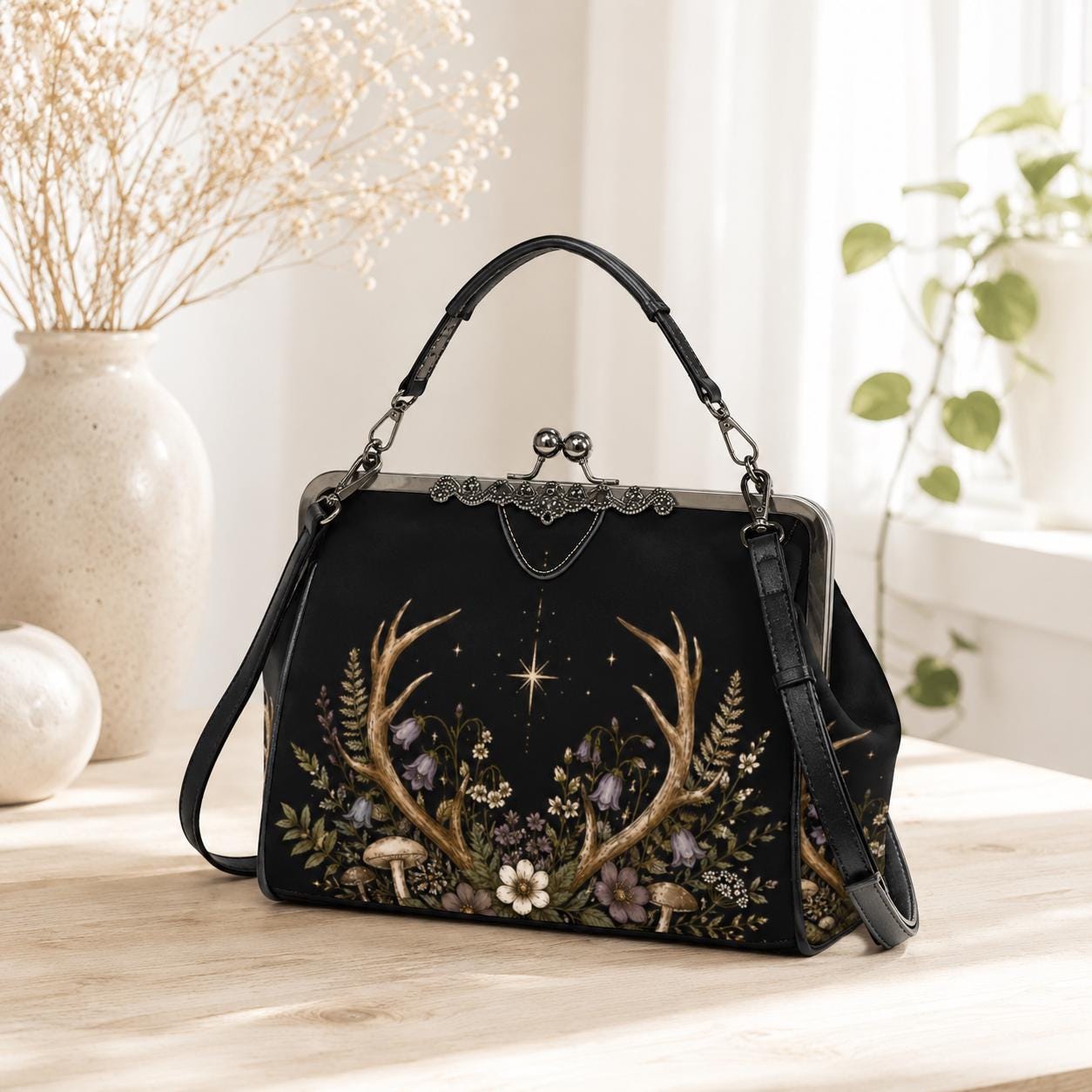 Black Floral Evening Bag, Vintage Kisslock Clutch, Detachable Chain Strap