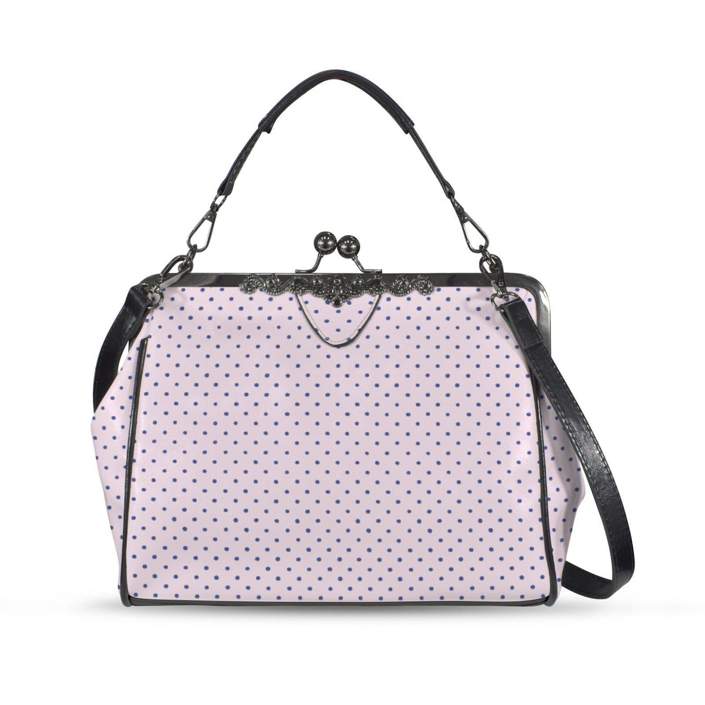 Pink Polka Dot Kiss Lock Handbag, Retro Vintage Style Crossbody Bag