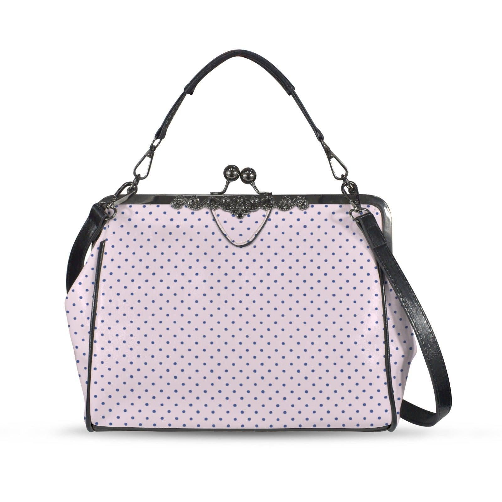 Pink Polka Dot Kiss Lock Handbag, Retro Vintage Style Crossbody Bag