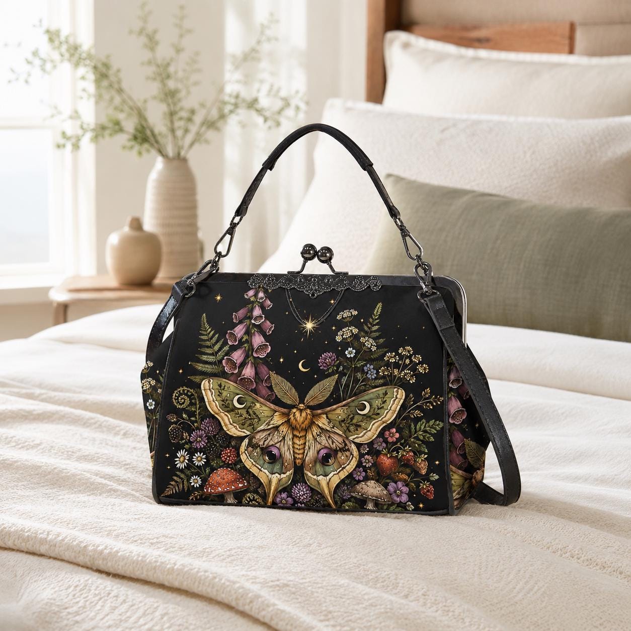 Luna Moth Kiss Lock Handbag, Dark Cottagecore Floral Print Crossbody Bag