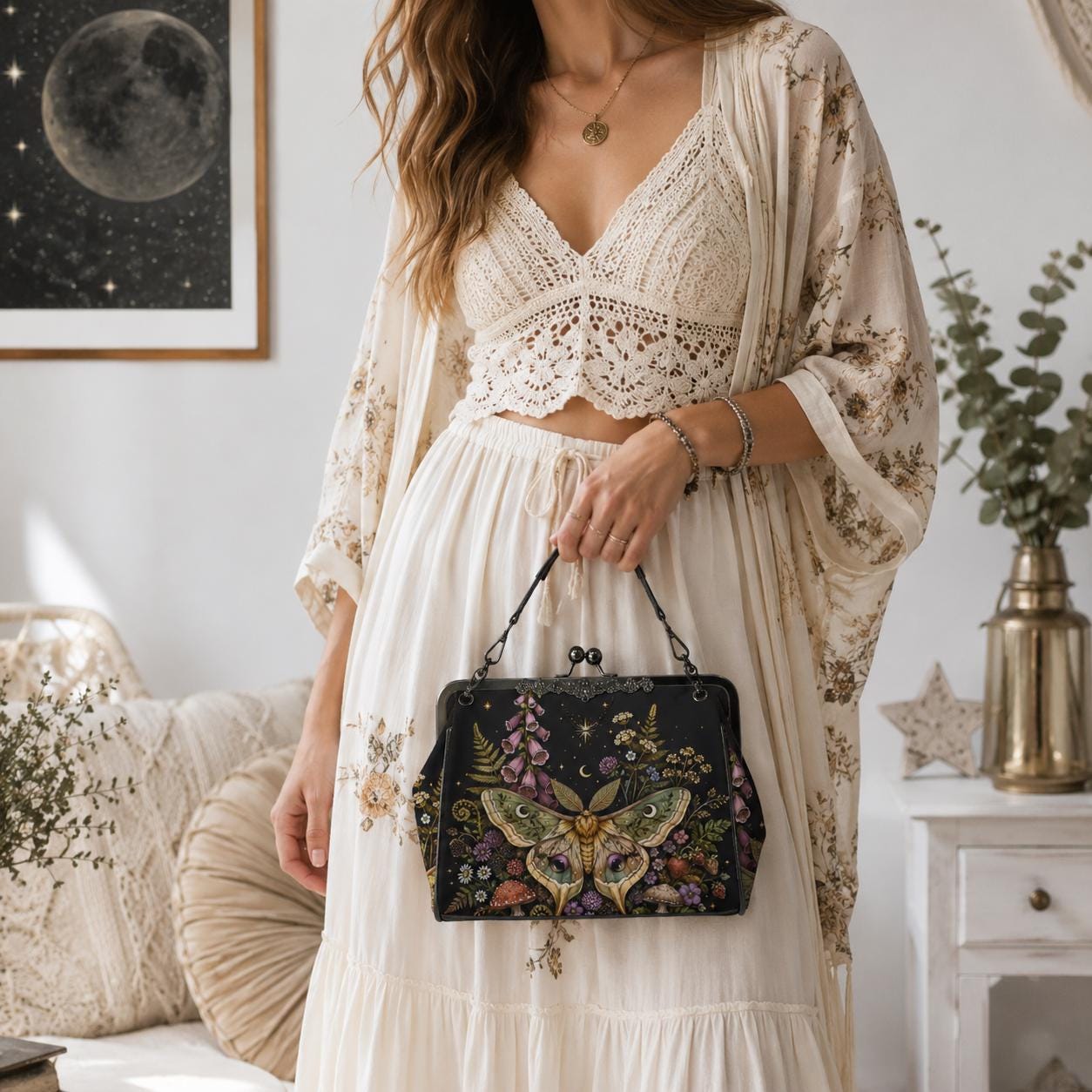 Luna Moth Kiss Lock Handbag, Dark Cottagecore Floral Print Crossbody Bag