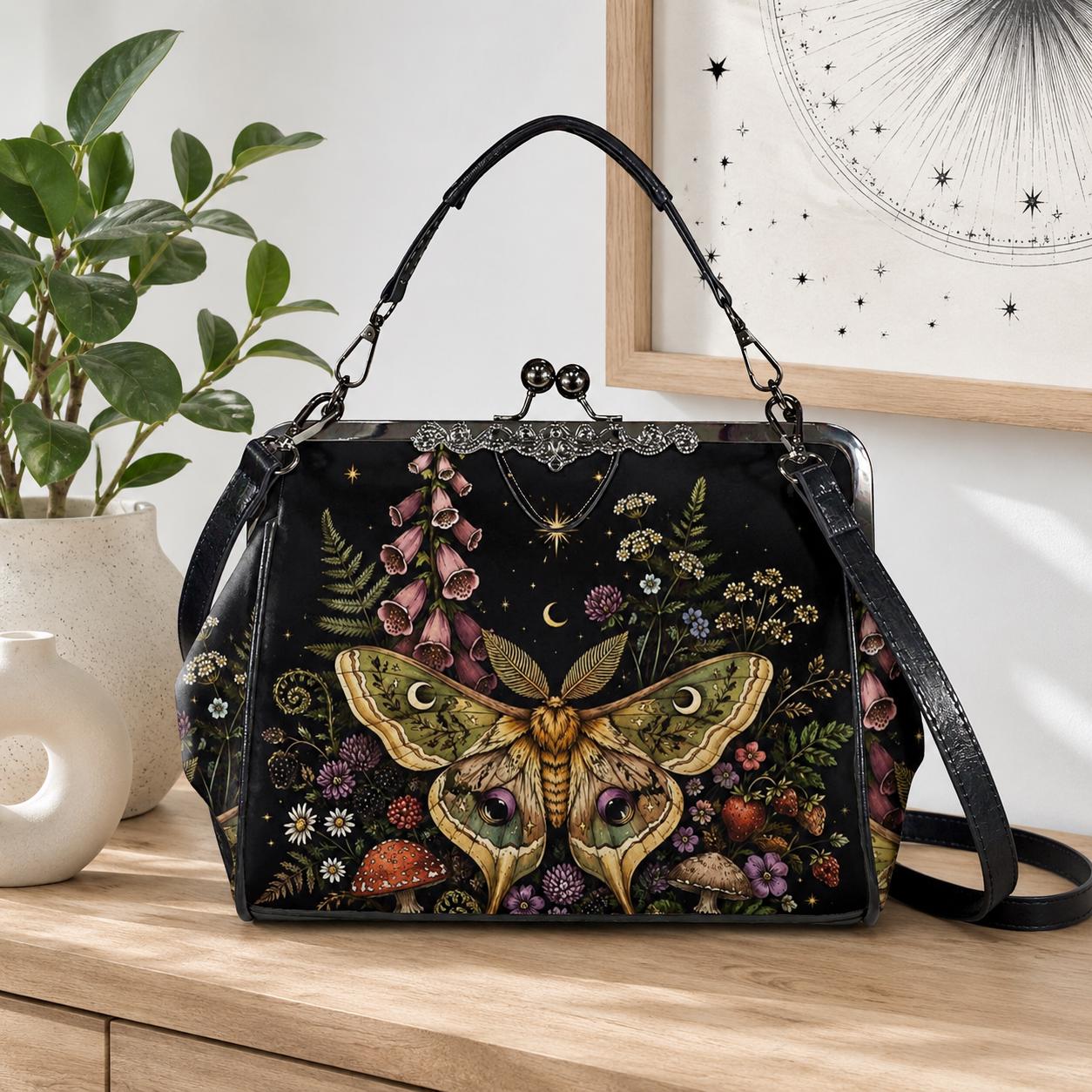 Luna Moth Kiss Lock Handbag, Dark Cottagecore Floral Print Crossbody Bag