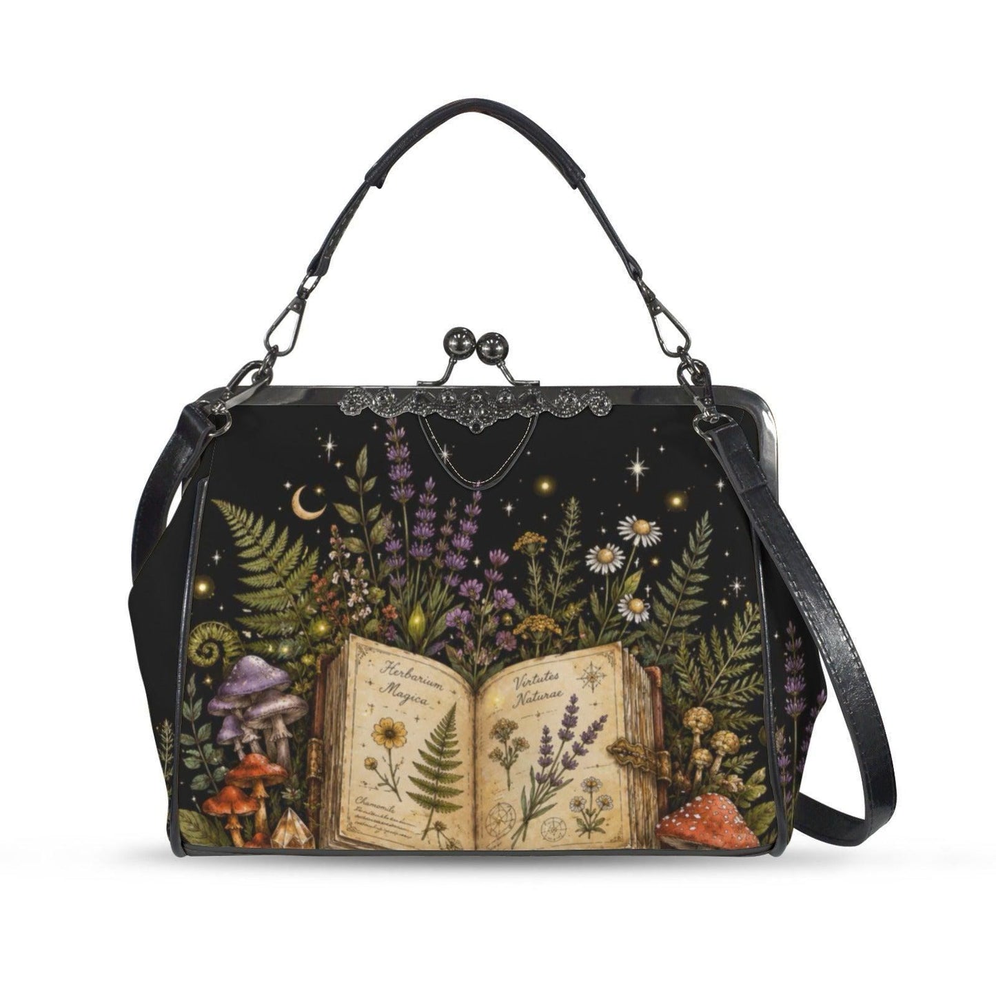 Witchy Mushroom Purse, Botanical Spell Book Print Kiss Lock Handbag, Cottagecore Crossbody Bag