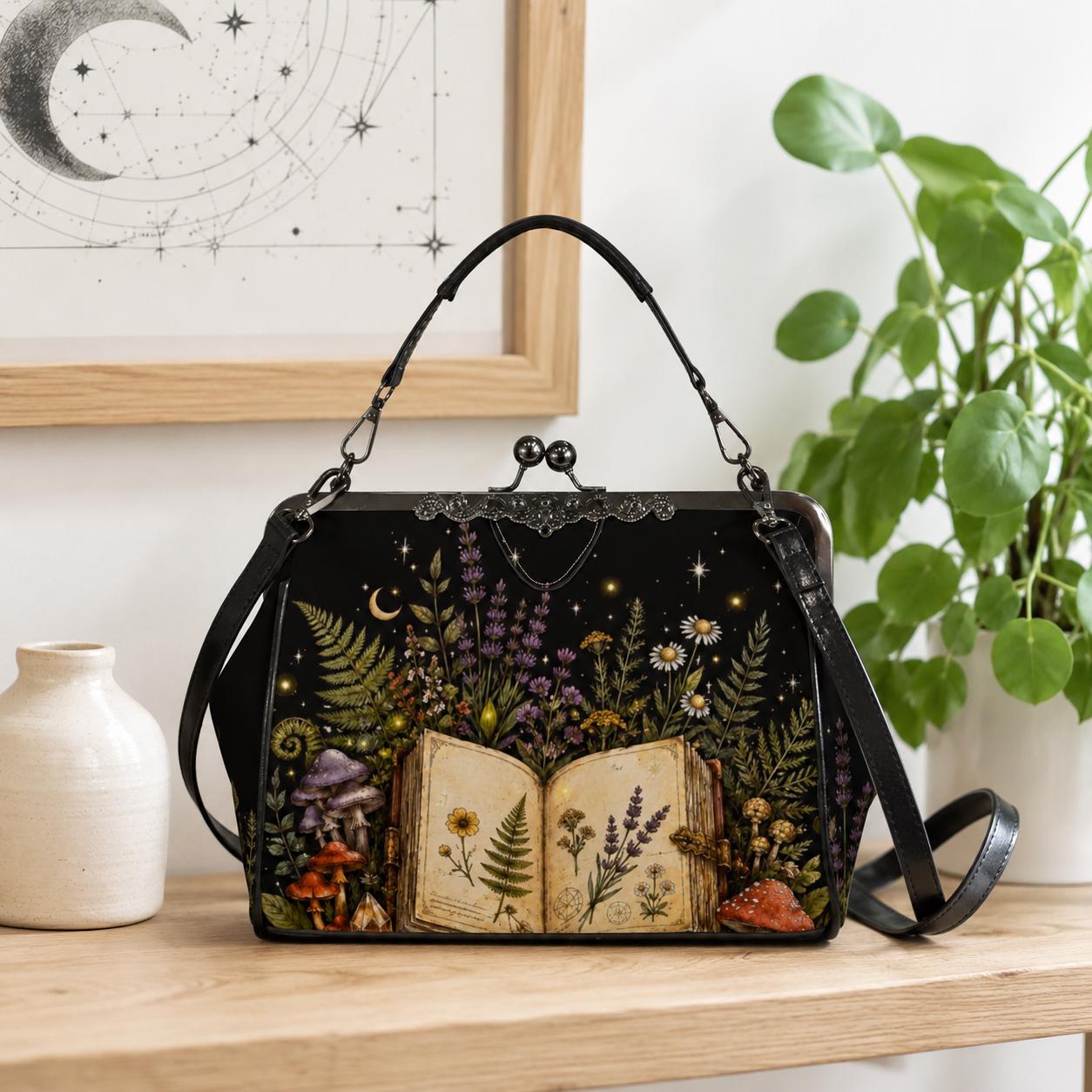 Witchy Mushroom Purse, Botanical Spell Book Print Kiss Lock Handbag, Cottagecore Crossbody Bag