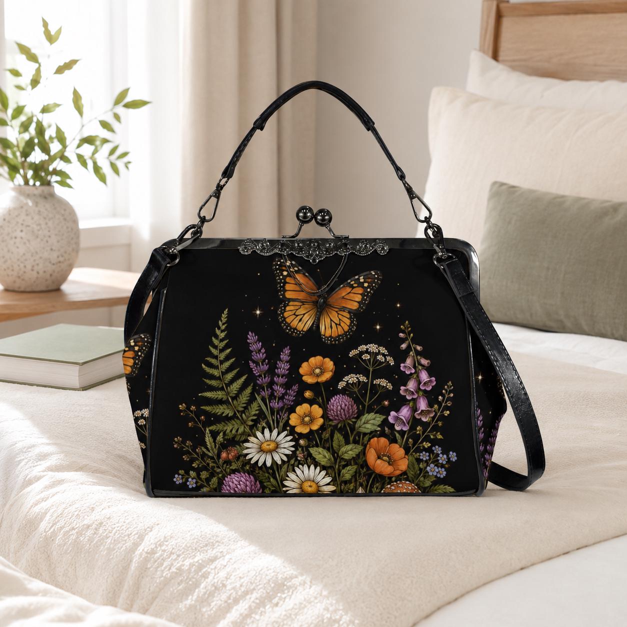 Black Wildflower Butterfly Shoulder Bag, Lavender Floral Kisslock Purse