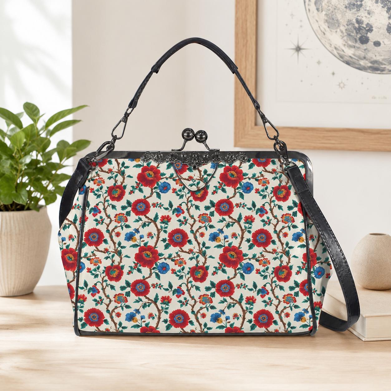 Red Rose Floral Kisslock Crossbody Bag, Vintage Style Shoulder Purse