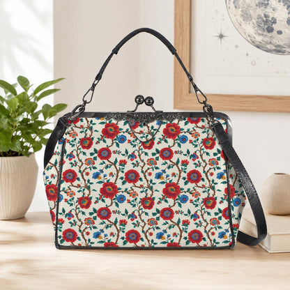 Red Rose Floral Kisslock Crossbody Bag, Vintage Style Shoulder Purse