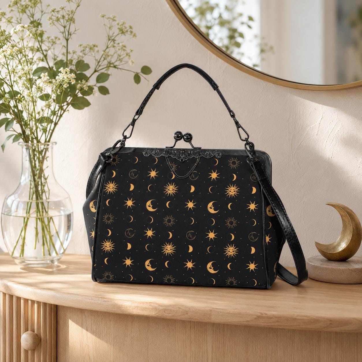 Black Gold Celestial Sun Moon Kiss Lock Handbag, Astrology Crossbody Bag