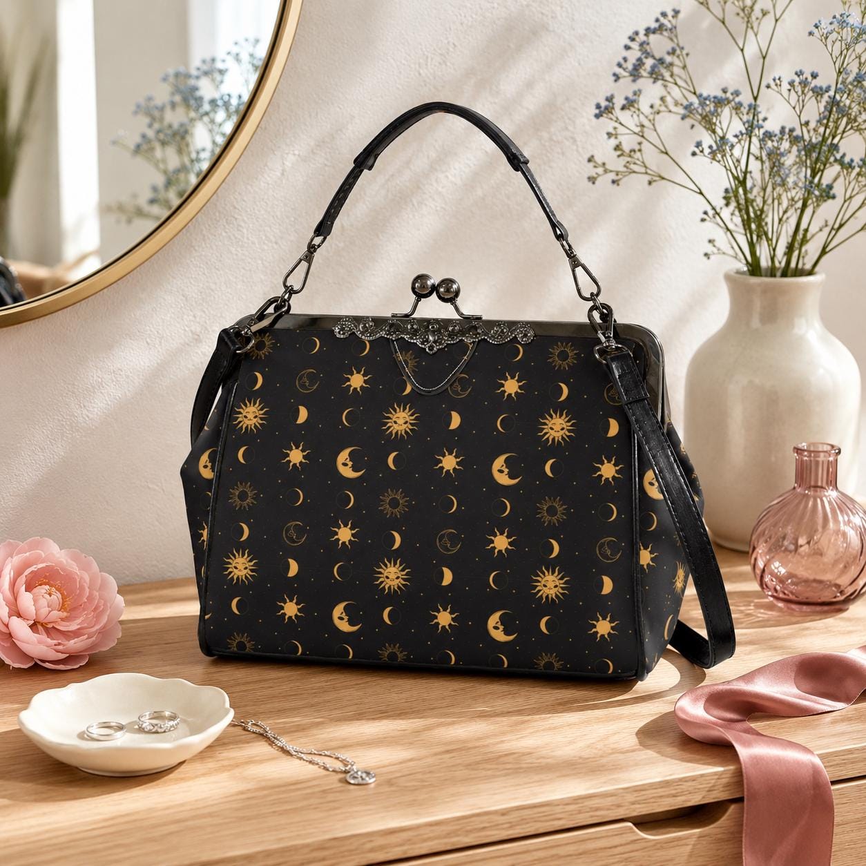 Black Gold Celestial Sun Moon Kiss Lock Handbag, Astrology Crossbody Bag