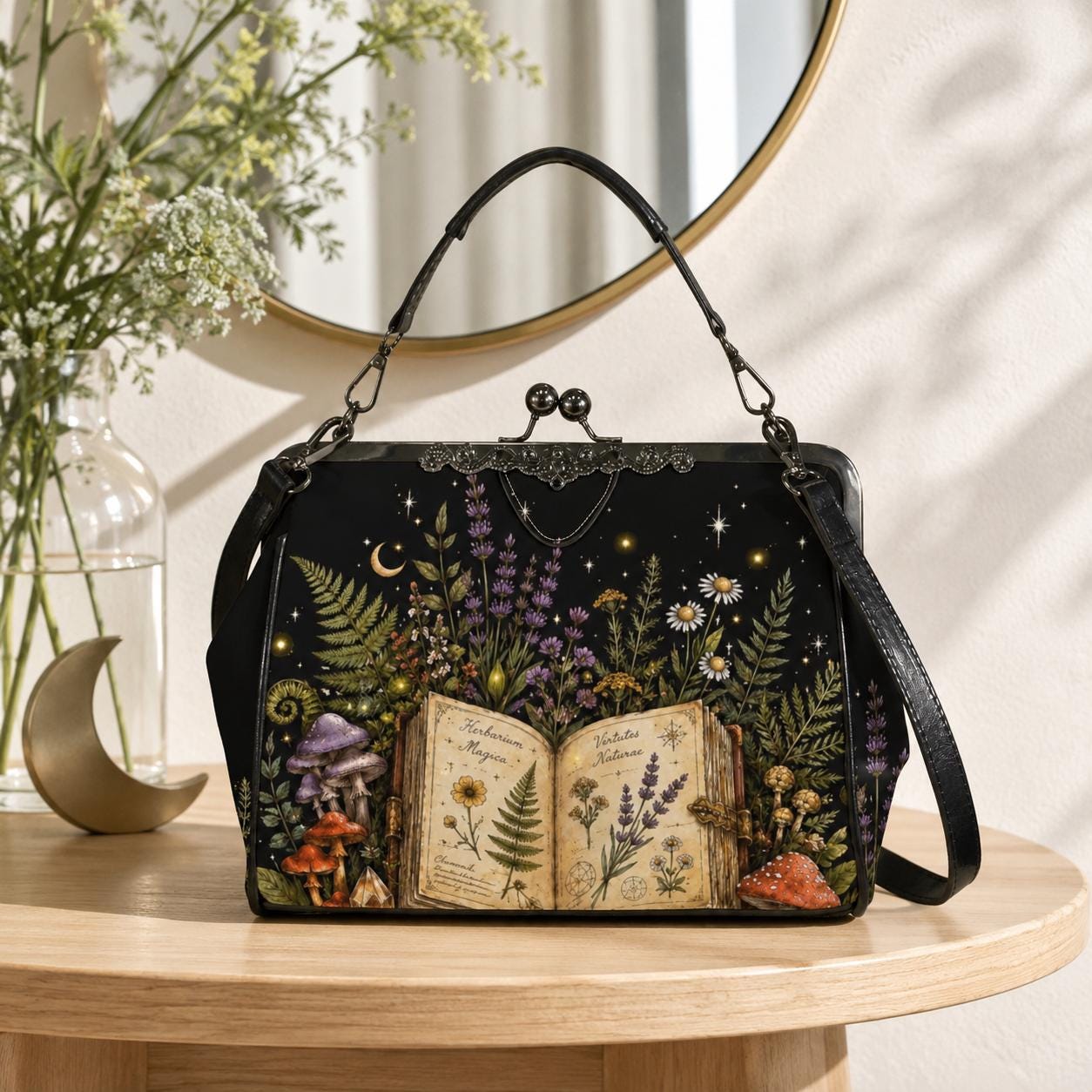 Witchy Mushroom Purse, Botanical Spell Book Print Kiss Lock Handbag, Cottagecore Crossbody Bag