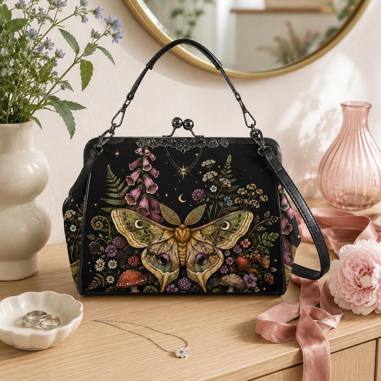 Luna Moth Kiss Lock Handbag, Dark Cottagecore Floral Print Crossbody Bag