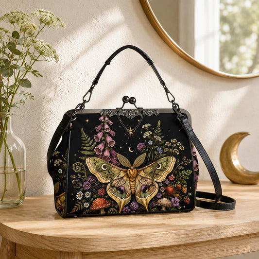 Luna Moth Kiss Lock Handbag, Dark Cottagecore Floral Print Crossbody Bag