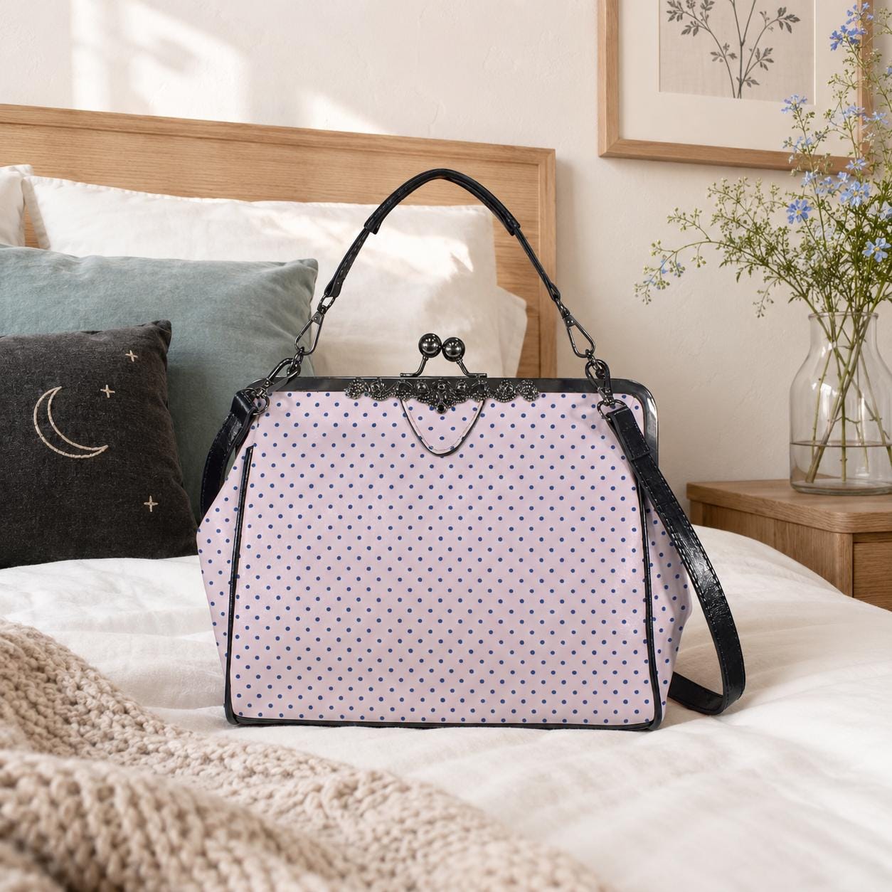 Pink Polka Dot Kiss Lock Handbag, Retro Vintage Style Crossbody Bag