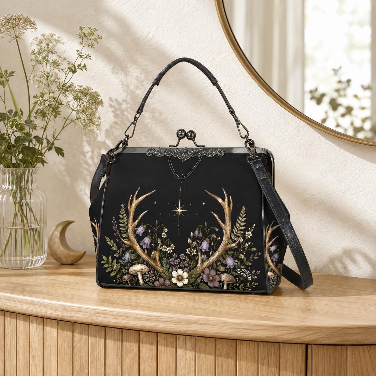 Black Floral Evening Bag, Vintage Kisslock Clutch, Detachable Chain Strap