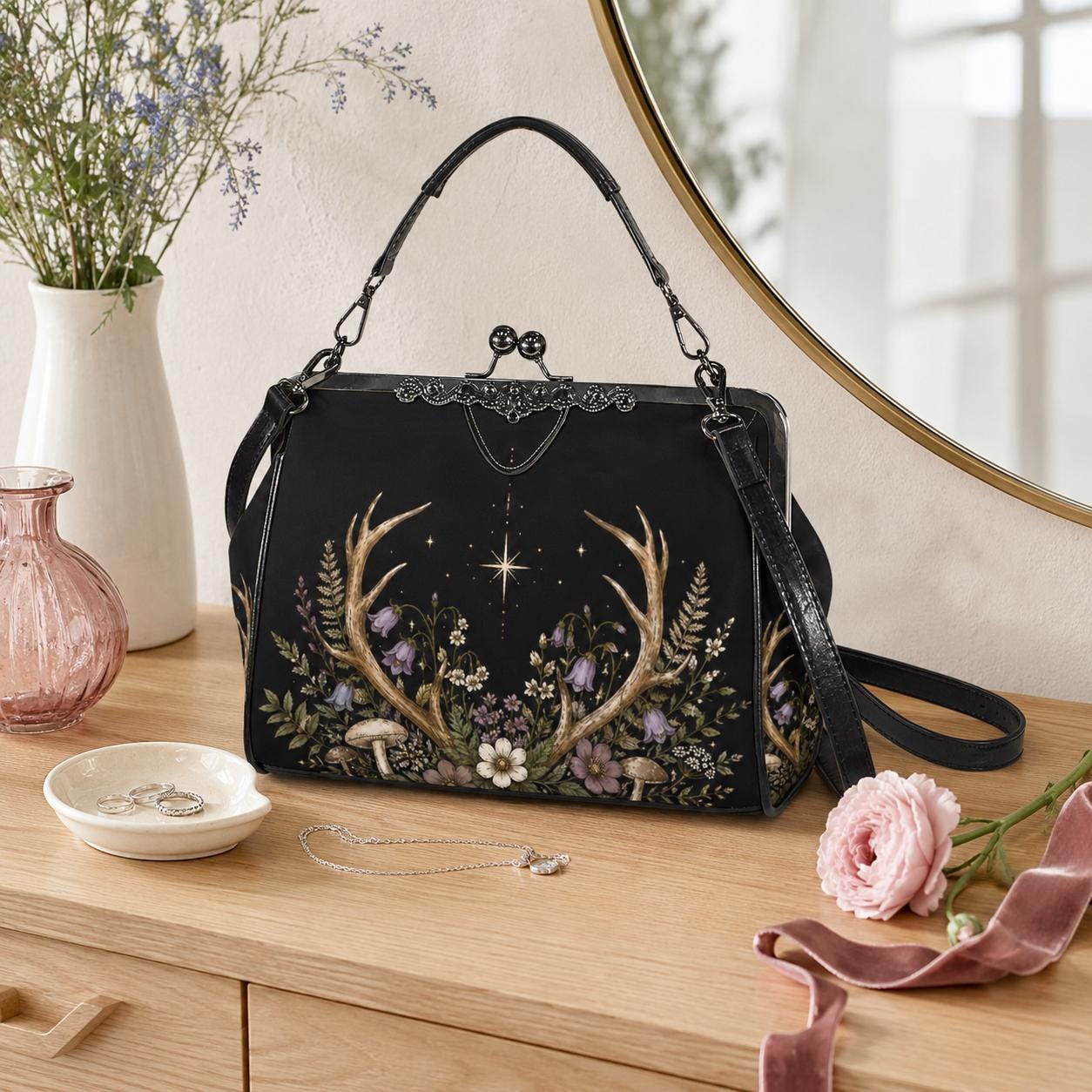 Black Floral Evening Bag, Vintage Kisslock Clutch, Detachable Chain Strap