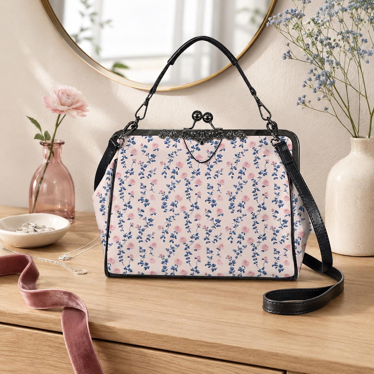 Coquette Floral Crossbody Bag, Pink Blue Ditsy Kiss Lock Purse