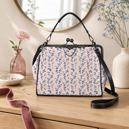 Coquette Floral Crossbody Bag, Pink Blue Ditsy Kiss Lock Purse