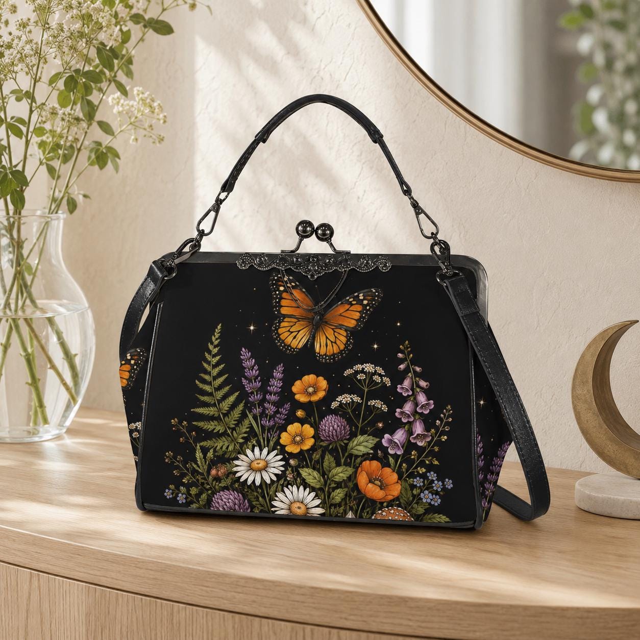 Black Wildflower Butterfly Shoulder Bag, Lavender Floral Kisslock Purse