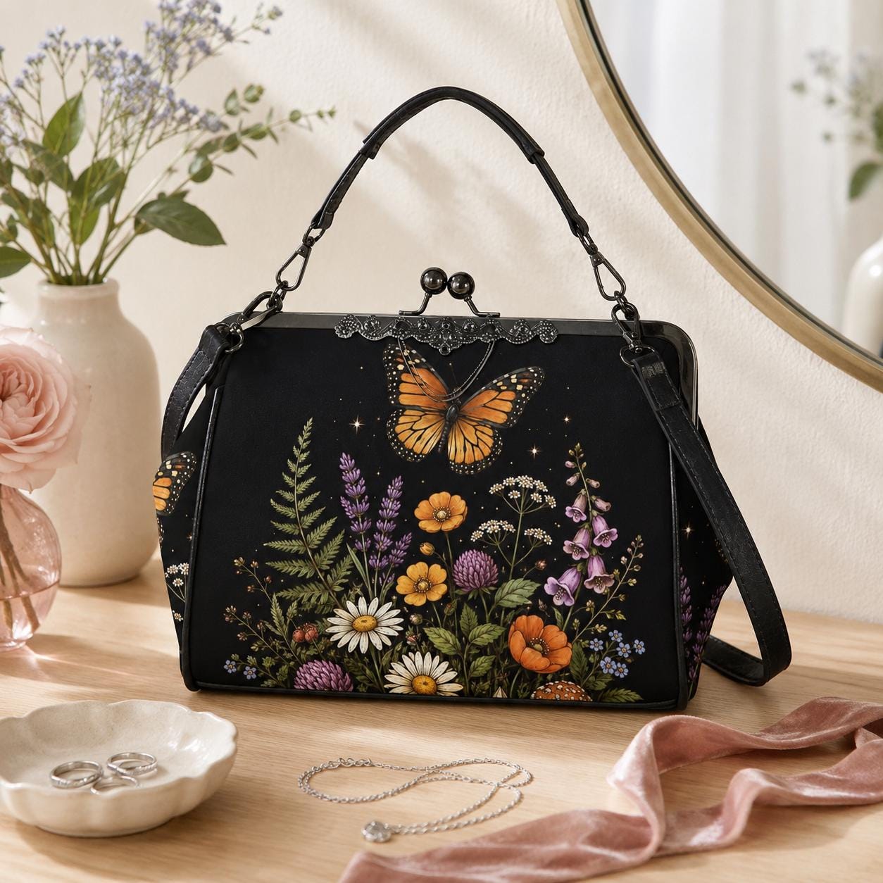 Black Wildflower Butterfly Shoulder Bag, Lavender Floral Kisslock Purse