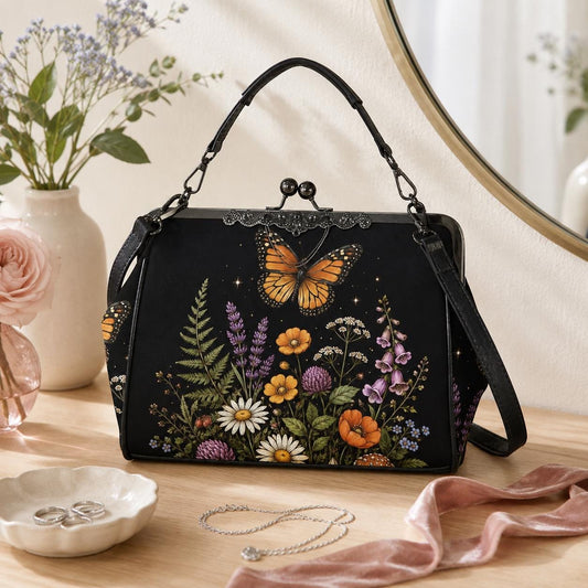 Black Wildflower Butterfly Shoulder Bag, Lavender Floral Kisslock Purse