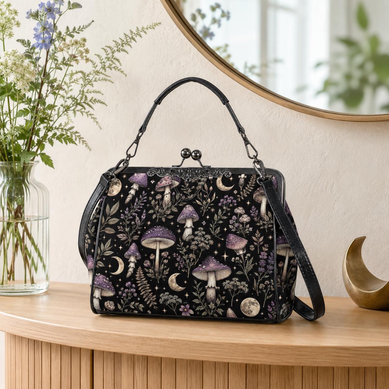 Witchy Mushroom Moth Print Crossbody Bag, Dark Forest Kisslock Purse