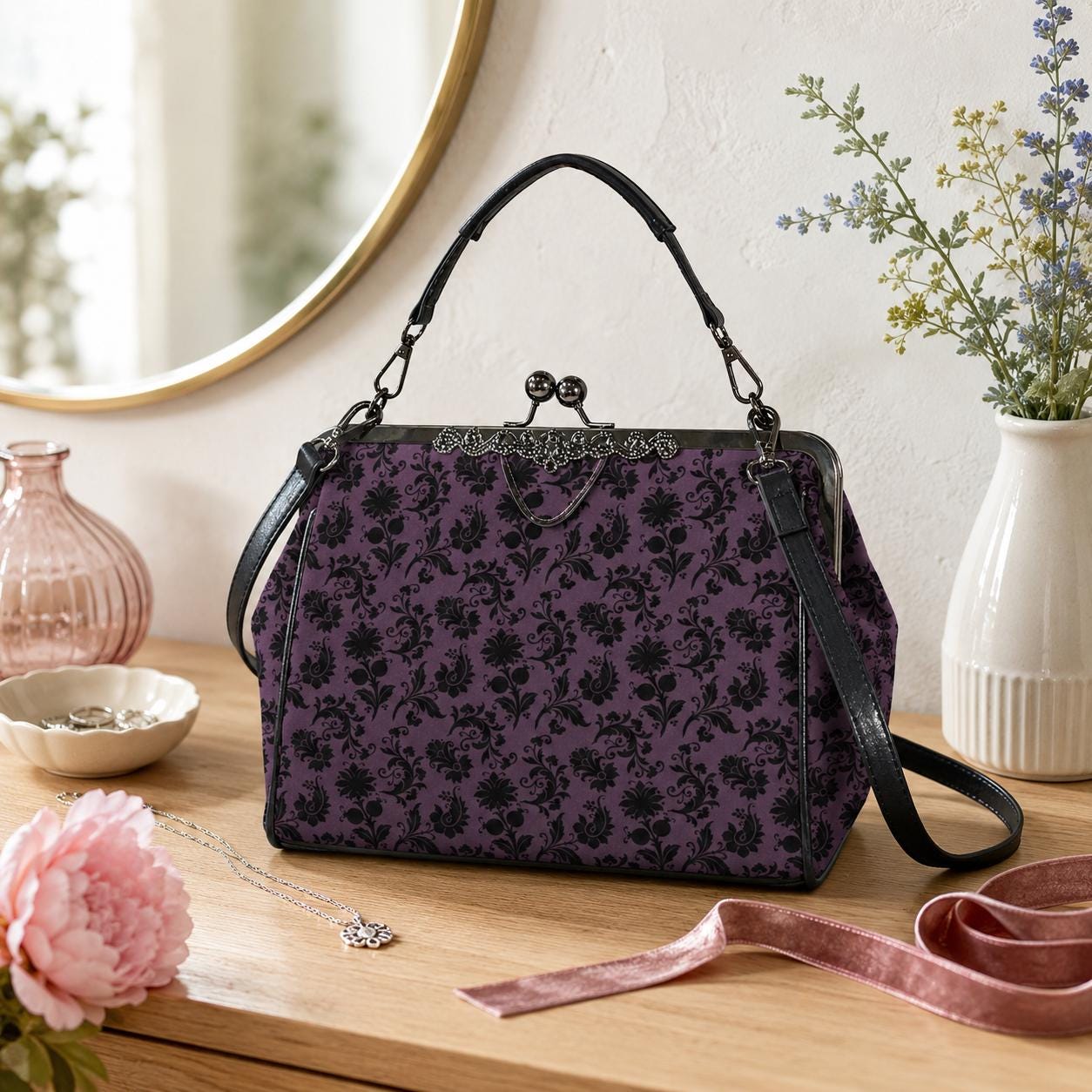 Purple and Black Damask Kiss Lock Handbag with Crossbody Strap